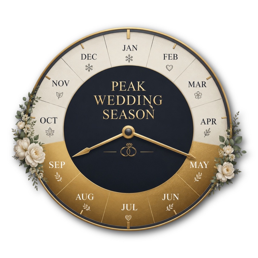 Peak wedding season clock highlighting May to September
