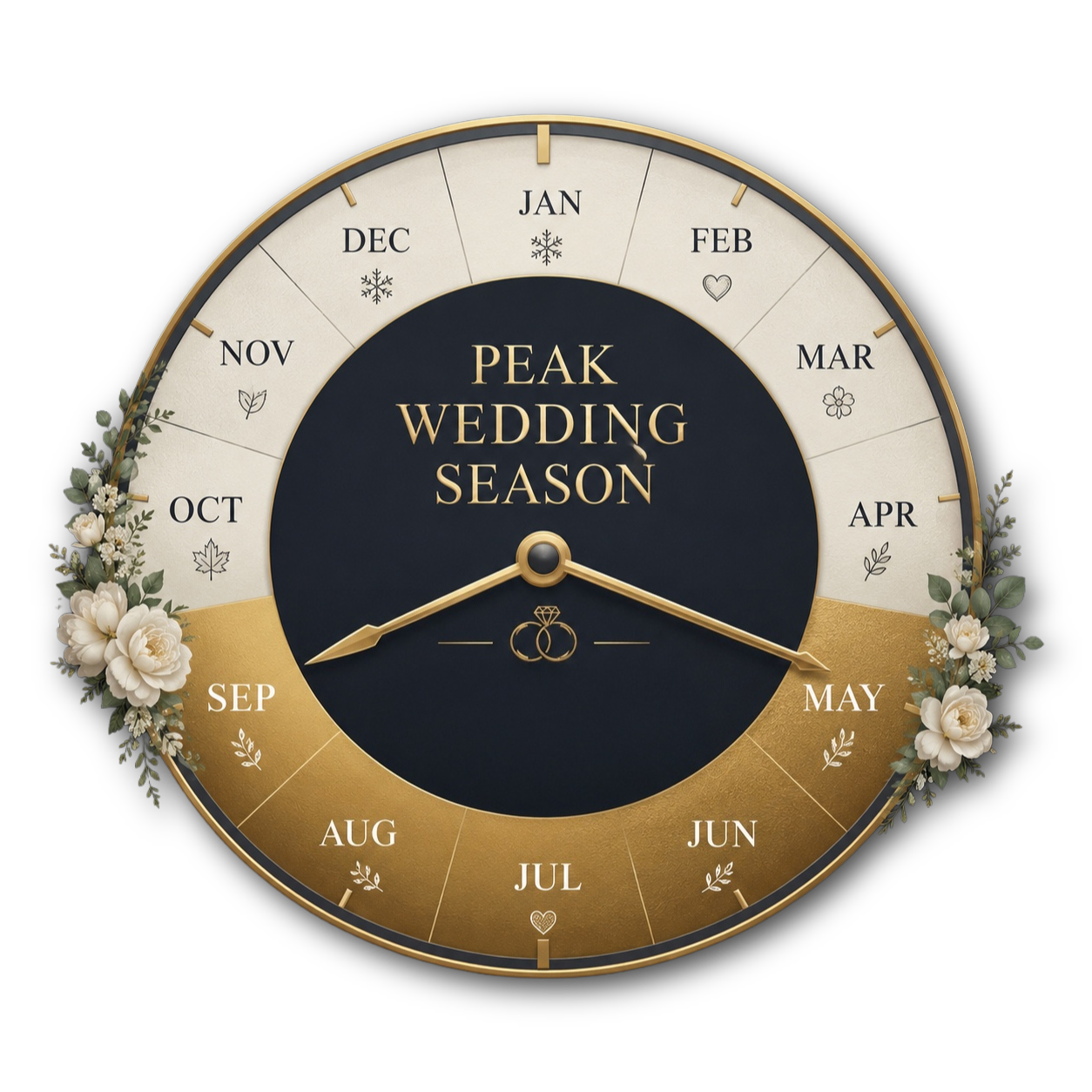 Peak wedding season clock highlighting May to September